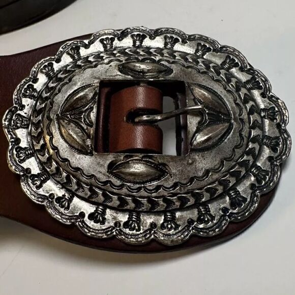 Ralph Lauren * Made in Mexico Wide Brown Leather & Silver Concho Contour Belt - Picture 3 of 16